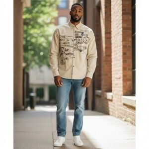 Vintage Jordan Craig Men's 3XL Beige Graphic Print Long Sleeve Button Down Shirt